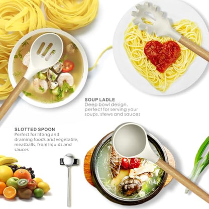oannao Silicone Cooking Utensils Set - 446°F Heat Resistant Silicone Kitchen Utensils for Cooking,Kitchen Utensil Spatula Set w Wooden Handles, BPA FREE Gadgets for Non-Stick Cookware (Khaki) - color: Khaki