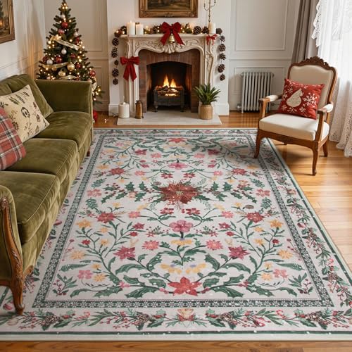 Lahome Christmas Rugs 8x10 Living Room Decor, Washable Area Rugs for Dining | Cottage Core Stain Resistant Large Thin Carpets Under Bed Couch Cottagecore Holiday Decor - color: Cream Berry, size: 8' x 10' (Rectangular)