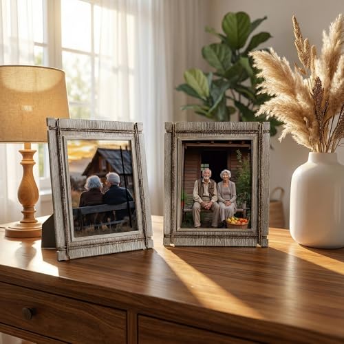 Afuly 8x10 Picture Frames Set of 2 Rustic Wood Farmhouse Unique Photo Frame | Distressed Western with Real Glass & Hemp Rope, Wall and Tabletop, Home Decor Birthday Gifts for Mom Dad Friends - size: 8x10