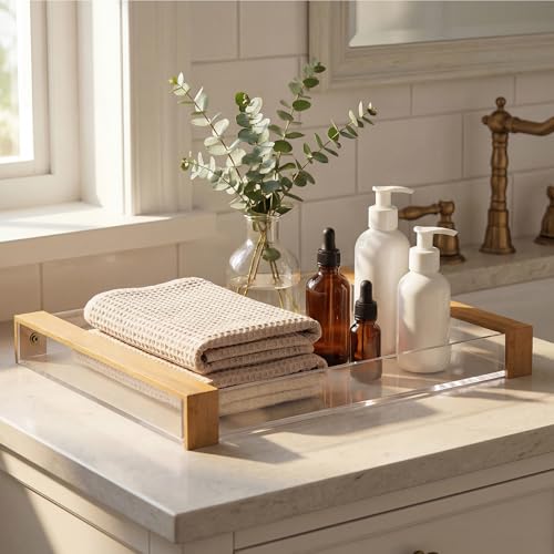 Acrylic Serving Tray with Wooden Handles, Rectangle | Clear, For Bathroom Vanity, Coffee Table, Kitchen Counter, Ottoman, For Food, Drinks, Perfume, Cosmetics, Decorative