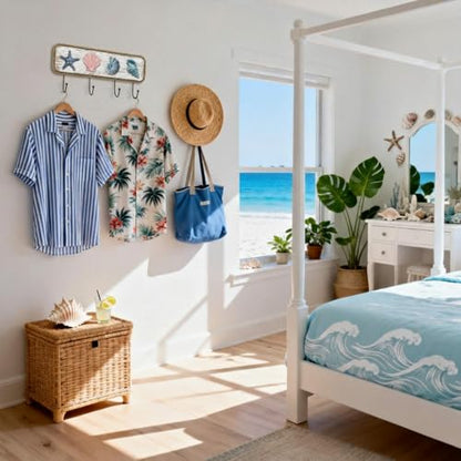 Coastal Beach Towel Hooks Nautical Coat Rack Wooden Seashell Wall Hooks with Screw Summer Ocean Theme Beach House Decor for Entryway Bathroom Hats Keys Towels - style: Beach