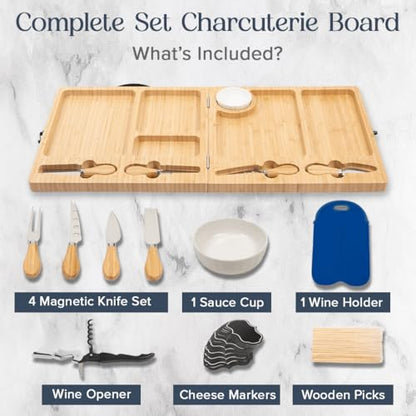 Charcuterie Boards Set, Large Bamboo Cheese Board | Charcuterie Accessories, Wooden Cheese Platter, Foldable, House Warming Gifts, New Home, Wedding Gifts - color: Luxe Set (Blue)