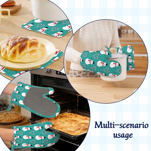 Christmas Snowmen Oven Mitts and Pot Holders Sets of 4 Love Heart Candy Canes Heat Resistant Silicone Oven Mits Gloves Non-Slip Kitchen Mittens Potholders for Cooking Baking Grilling BBQ - color: Christmas Snowmen,love Heart Candy Canes