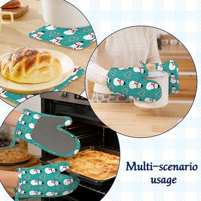 Christmas Snowmen Oven Mitts and Pot Holders Sets of 4 Love Heart Candy Canes Heat Resistant Silicone Oven Mits Gloves Non-Slip Kitchen Mittens Potholders for Cooking Baking Grilling BBQ - color: Christmas Snowmen,love Heart Candy Canes