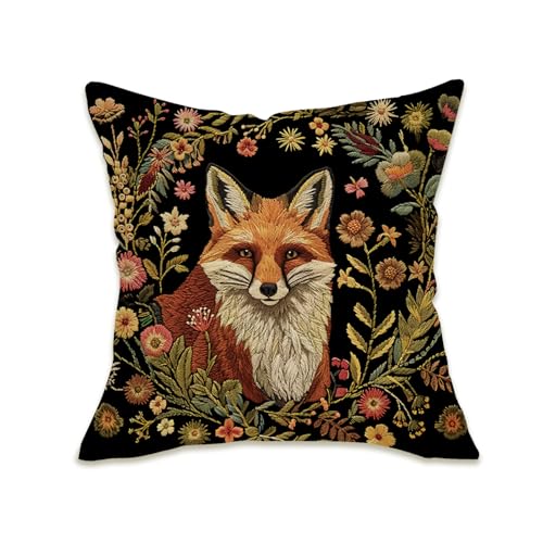 Fahrendom Embroidered Fox Floral Decorative Throw Pillow Cover 18 x 18 | Vintage Forest Flower Botanical Dark Cottagecore Pillowcase, Retro Wildflower Farmhouse Sofa Couch Cushion Case Home Decor