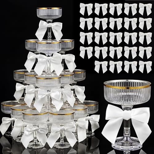 Set of 24 Plastic Champagne Coupe Glasses with Bow 7 oz Gold Champagne Tower Set Stackable Acrylic Ribbed Martini Glasses Cocktail Coupe Cup for Wedding Birthday Party Bar(Ribbon,White) - color: White, style: Ribbon