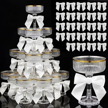 Set of 24 Plastic Champagne Coupe Glasses with Bow 7 oz Gold Champagne Tower Set Stackable Acrylic Ribbed Martini Glasses Cocktail Coupe Cup for Wedding Birthday Party Bar(Ribbon,White) - color: White, style: Ribbon