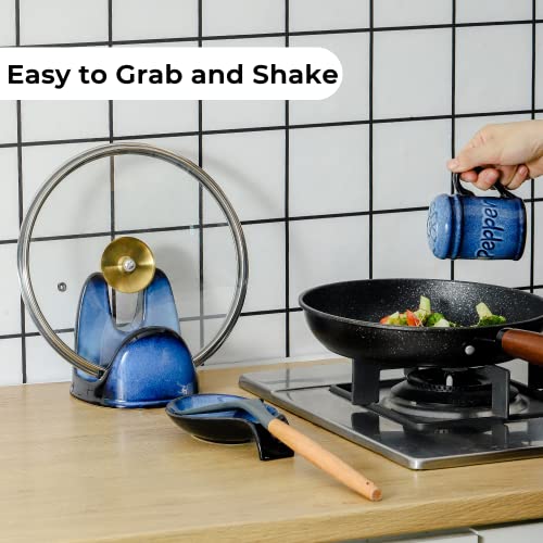 Nihow Ceramic Salt & Pepper Shakers Set with Handle for Kitchen Counter | 2.6 Inch Resist Rusting Seasoning Shaker -Elegant Black & Blue (Set of 2) - size: Shaker with handle
