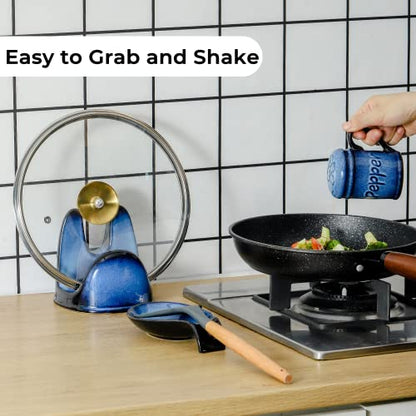 Nihow Ceramic Salt & Pepper Shakers Set with Handle for Kitchen Counter | 2.6 Inch Resist Rusting Seasoning Shaker -Elegant Black & Blue (Set of 2) - size: Shaker with handle