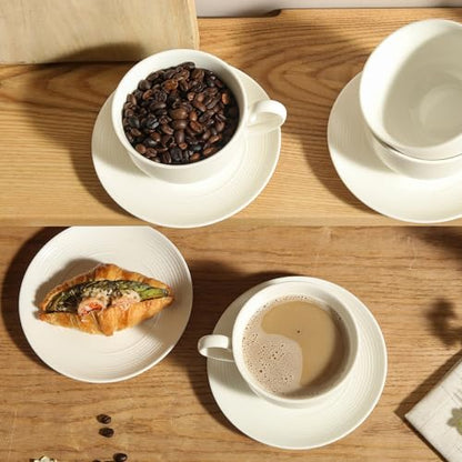 10OZ Porcelain Cappuccino Cups with Saucers, Ceramic Espresso Cups Set, White Coffee Cup and Saucer, White Tea Cup Set, Dishwasher & Microwave Safe, Gift for Anniversary or Housewarming (4PCS) ﻿