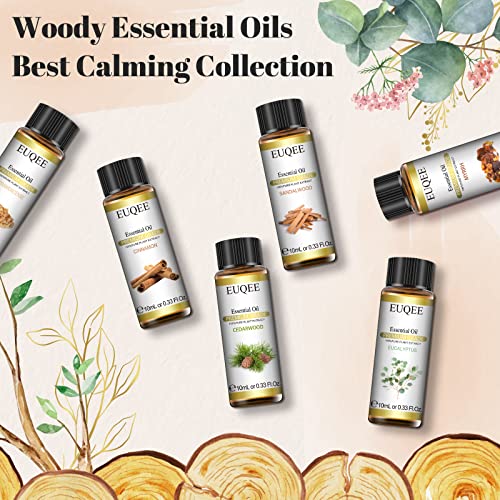 EUQEE 10ml Woody Essential Oils Set - Pure & Nature Essential Oils for Aromatherapy, Diffuser, Candle Making, Massage - Eucalyptus, Cedarwood, Sandalwood, Frankincense, Cinnamon | Pure & Nature Essential Oils for Aromatherapy - Eucalyptus, Cedarwood, Sand
