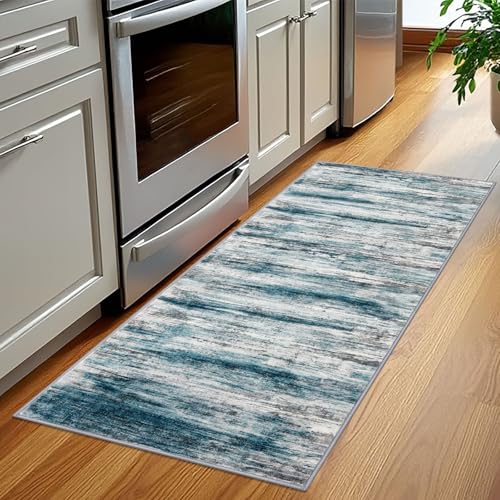 KOZYFLY Modern Hallway Runner Rug 2x5 Washable Kitchen Runner Rugs Blue | Non-Slip, Non-Shedding, Low Pile Soft, Abstract Striped, For Hall Entryway Bathroom Laundry Bedroom Foyer - color: Blue, size: 2' x 5' (Runner)