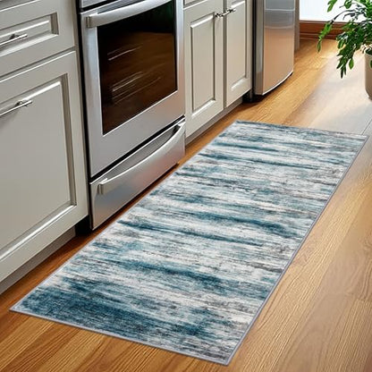 KOZYFLY Modern Hallway Runner Rug 2x5 Washable Kitchen Runner Rugs Blue | Non-Slip, Non-Shedding, Low Pile Soft, Abstract Striped, For Hall Entryway Bathroom Laundry Bedroom Foyer - color: Blue, size: 2' x 5' (Runner)
