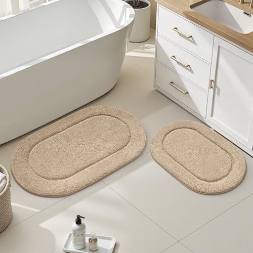 HOMEIDEAS Beige Oval Bathroom Rug Sets 2 Piece 20" x 32" + 16" x 24" | Microfiber Bath Mats, Non-Slip TPR Backing, Ultra Absorbent & Quick Dry, Machine Washable for Bathroom, Shower, Tub - color: Beige