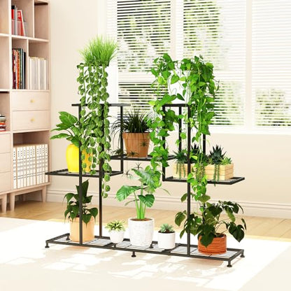 Twhep Metal Plant Stand, 5 Tiers Multifunctional Plant Stands for Indoor Plants, Decorative Black Steel Plant Shelf for Indoor Patio Garden Balcony and Yard (4 tiers 12 pots)