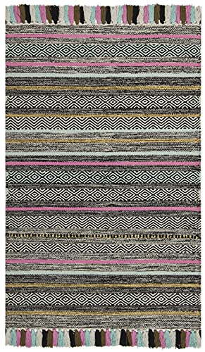 SAFAVIEH Montauk Collection Accent Rug - 2'6" x 4', Black & Multi, Handmade Boho Stripe Fringe Cotton, Ideal for High Traffic Areas in Entryway, Living Room, Bedroom (MTK901B) - color: Black/Multi, size: 2'6" x 4' (Rectangular)