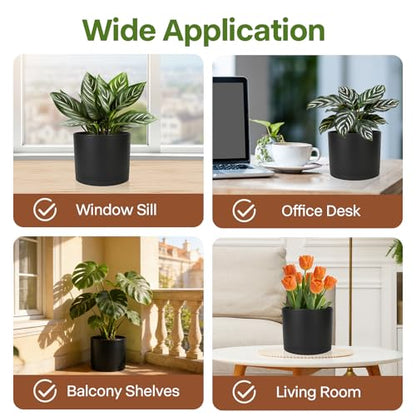 3 Pack Cylinder Planter Set 10/9/8 Inch White Indoor Plant Pots | Modern flower pots with drainage holes and saucers. For outdoor garden, succulent, nursery, and house plants. - color: Black
