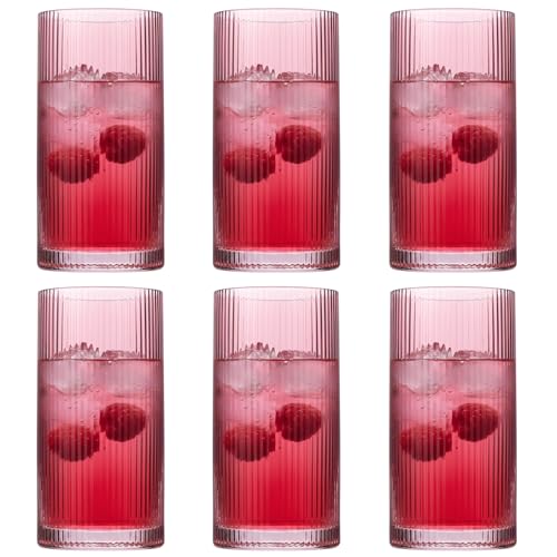 Physkoa Rose Red Ribbed Drinking Glasses Set of 6 – Vintage Embossed Highball Glassware, Thick Durable Tumbler Cups for Water, Juice, Cocktails, Iced Coffee, Kitchen Bar Gift Set - color: Red