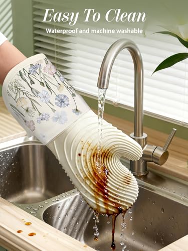 Slohif Long Silicone Oven Mitts Heat Resistant for Women - 2 Pcs Beige Wild Flowers 100% Cotton Oven Gloves, Non-Slip and Waterproof Silicone Oven Mitts with Hanger for Baking and Cooking - color: White Blue