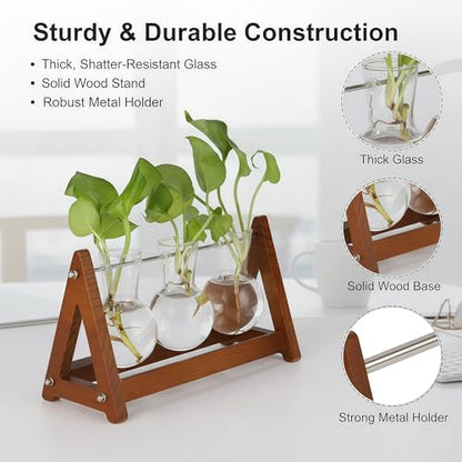Plant Terrarium with Wooden Stand, 3 Bulb Glass Vase Metal Holder, Retro Hydroponics Planter for Home/Garden/Office Decor, for Women & Mom (1, Natural Wood, 3-Bulb)