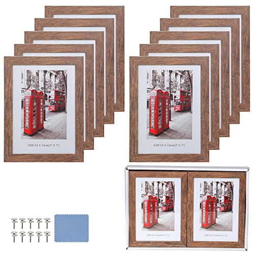 5x7 Picture Frames Set of 10, Wooden Picture Frame Set with Display Box, Rustic Style Antique Brown Wood Grain Photo Frame Suitable For Desktop Display and Wall Decoration. - size: 5 x 7 inches