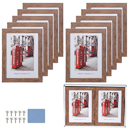 5x7 Picture Frames Set of 10, Wooden Picture Frame Set with Display Box, Rustic Style Antique Brown Wood Grain Photo Frame Suitable For Desktop Display and Wall Decoration. - size: 5 x 7 inches