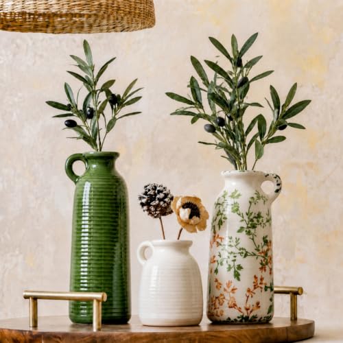 Patelai Vintage Ceramic Vase Set of 3, Ceramic Vintage Flower Vases with Handles, Green White Decorative Vases for Dried Flowers Pampas Grass Farmhouse Kitchen Decor for Table Mantel Bookshelf Decor