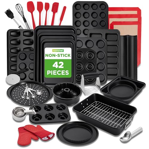 NutriChef 42-Piece Nonstick Bakeware Set | Carbon Steel Baking Pans Set with Oven Mitts, Muffin Trays, Cookie Sheets, Loaf Pan, & Accessories for Cakes, Pizza & Bread. - size: 42-Piece Set 2026 edition