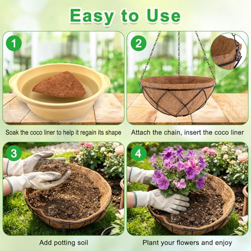 Hanging Baskets for Plants Outdoor, 4 Packs 12 Inch Metal Wire Hanging Planter with Coconut Liners, Flower Basket Pot for Outside Garden Patio Porch Balcony Fence