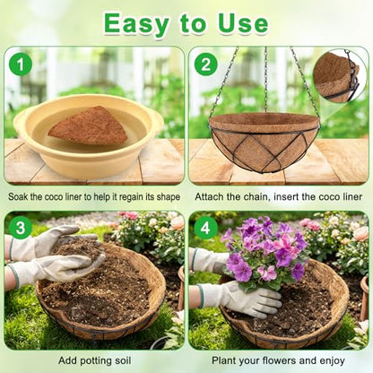 Hanging Baskets for Plants Outdoor, 4 Packs 12 Inch Metal Wire Hanging Planter with Coconut Liners, Flower Basket Pot for Outside Garden Patio Porch Balcony Fence
