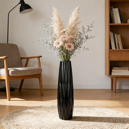 Black Tall Ceramic Floor Vase, 17.7 Inch, Ribbed Design | Matte Finish, Narrow Corners, Entryway, Bedroom, Compact Spaces - size: 17.7 Inch