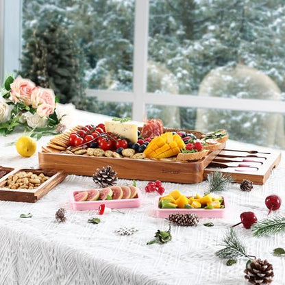 hecef Pink Large Charcuterie Board Set with Stainless Steel Cheese Knives, Cheese Board Set Wooden Appetizer Platter for Housewarming, Weddings, Birthdays & More, Forks & Pull-Out Drawers - style: with Drawer-Pink