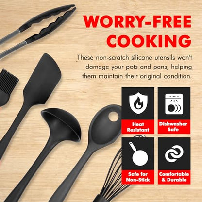 Chef Craft - Premium Silicone Kitchen Tools and Utensils Set, Non-Scratch, Withstands Temperatures up to 450°F, BPA-Free, 9 Piece Cooking Utensils Set, Black - color: Black, size: 9 Piece Set