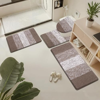 Bsmathom Bathroom Rug Set 4 Piece, Plush Microfiber Bath Mat, Coffee | Extra Water Absorbent, Non Slip Washable Runner Bath Rugs with Toilet Lid Cover and U-shaped Contour Toilet Mat - color: Coffee, size: 18"x26"+18"x48"+U20"x24"+Cover19"x21"