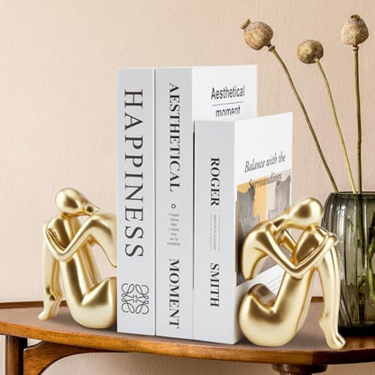 Gold Bookends Book Ends, Unique Decorative Girl Thinker Design,Non-Slip Home Office Bookshelf Decor, Modern Book Holder for Shelves, Heavy Duty Resin Book Stopper for Books,1Pair/2Piece