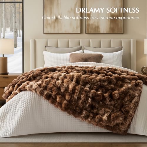 Faux Rabbit Fur Bubble Throw Blanket, 50"x60", Lion Caramel | Ultra Soft, Luxury Faux Rabbit Fur Throw, Thick Warm Bubble Blanket, Cozy Fluffy Reversible, for Bed, Couch, Chair, Sofa - color: Marble Caramel Brown, size: 50"x60"