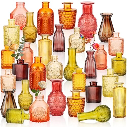 32 PCS Assorted Vintage Bud Vases, Colorful Glass Small Vases Bulk, for Centerpieces, Wedding Table Decor, Home Decorations & Gifts (Amber Series) - color: Diffamber-2, size: 32PCS
