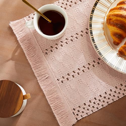 Macrame Style Boho Placemats Set of 4, Light Pink 12x20 Inch | Decorative Farmhouse Table Mats, Natural Cotton Woven Place Mats, Bohemian Home Decor for Kitchen Dining Table - color: Light Pink, size: Set of 4