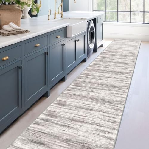KOZYFLY Modern Abstract Washable Long Runner Rug 2.6x18 Hallway Rug Runner Non-Slip Soft Stair Runner Rugs, Grey/Light Beige/Brown Striped Carpet for Kitchen Entryway Bathroom - color: Grey/Light Beige/Brown, size: 2'8" x 18' (Runner)