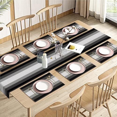 Emvency Table Runner and Placemats Set of 6, Geometric Abstract Gradient | Modern Art Dining Decor for Daily Use(1 Table Runner 72 inches Long and 6 Placemats) - color: Black Grey Gradient