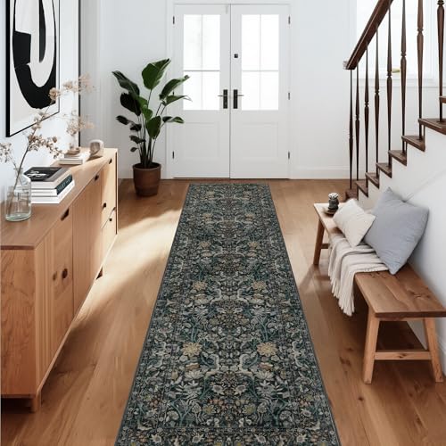 Vintage Botanical Runner Rug 2x10: Floral Carpet Non-Slip - Dark Green | Classic Dark Tone Pattern Fits Compact Living Spaces - Washable, Stain Resistant, Low Pile for Hallway Pet Friendly - color: Dark Green, size: 2' x 10' (Rectangular)