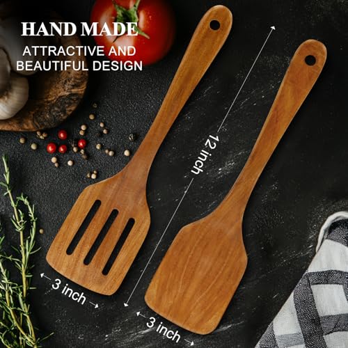 2Pcs Non Toxic Acacia Wood Spatula for Cooking Utensils Set Flipping Turner | Flat Wooden Spatulas for flipping Frying Kitchen Spurtle Organic Olive Teak Wood Utensils Non Stick Bamboo Slotted Spatula - color: 2 PCS SPATULAS