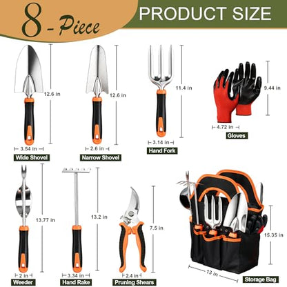 Joyfair Gardening Tools, 8 Pcs Stainless Steel Heavy Duty Garden Tool Set | 1.35MM Thickness, Rust-Proof & Easy Clean, Less Prone to Breakage, Ergonomic Contoured Grip, Suitable for Garden Weeding Work
