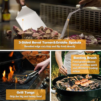 Terlulu Griddle Accessories Kit, 28 PCS Flat Top Grill Accessories for Blackstone and Camp Chef, Metal Spatula Set with Burger Press, Melting Dome, Tongs, Scraper, Carry Bag for Outdoor Grilling BBQ - style: with Rectangular Burger Press