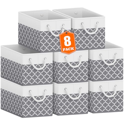 Storage Bins 8-Pack, Foldable Storage Baskets for Organizing Toys, Books, Shelves, Closet, Large Storage Box with Rope Handles, Sturdy Organizer Bins,Clover Grey - color: Clover Grey, size: 8pack