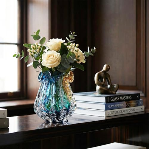 9.9" Tall Large Clear Glass Vase Wide Mouth, Pretty Hand Blown Glass Vase for Bouquet, Unique Teal and Amber Sea Vases for Modern High End Living Room, Office, Dining Table Centerpieces - size: Medium