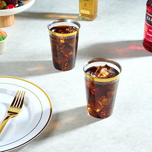 FOCUSLINE 100 Pack 12 oz Gold Rimmed Plastic Cups, 12 Ounce Clear Plastic Tumblers, Heavy-duty & Fancy Disposable Hard Cups with Gold Rim for Wedding - color: 12 oz Gold Rimmed