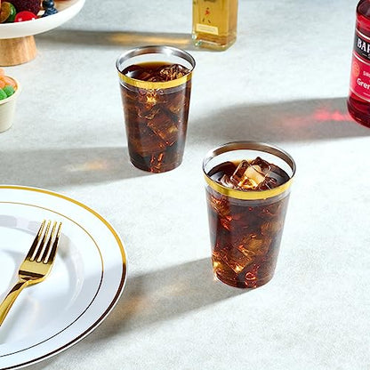 FOCUSLINE 100 Pack 12 oz Gold Rimmed Plastic Cups, 12 Ounce Clear Plastic Tumblers, Heavy-duty & Fancy Disposable Hard Cups with Gold Rim for Wedding - color: 12 oz Gold Rimmed