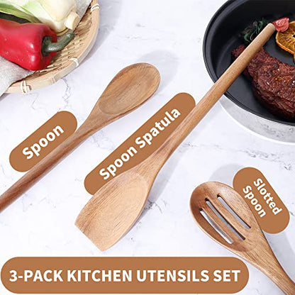 Delicate Wooden Utensils For Cooking, Set of 3, Wood Kitchen Utensils Cooking Tools, 12 Inch Acacia Wooden Spoons Spatula Set, Cooking Gadgets Safe For Nonstick Cookware, Easy To Use - style: Acacia Spoon Set of 3