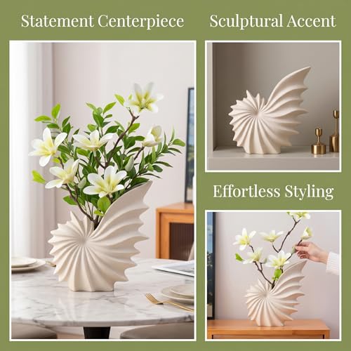 White Ceramic Seashell Vase for Pampas Grass and Flowers | Modern Tabletop Coastal Home Decor Accent for Living Room, Coffee Table, Entryway, Bookshelf and Dining Table